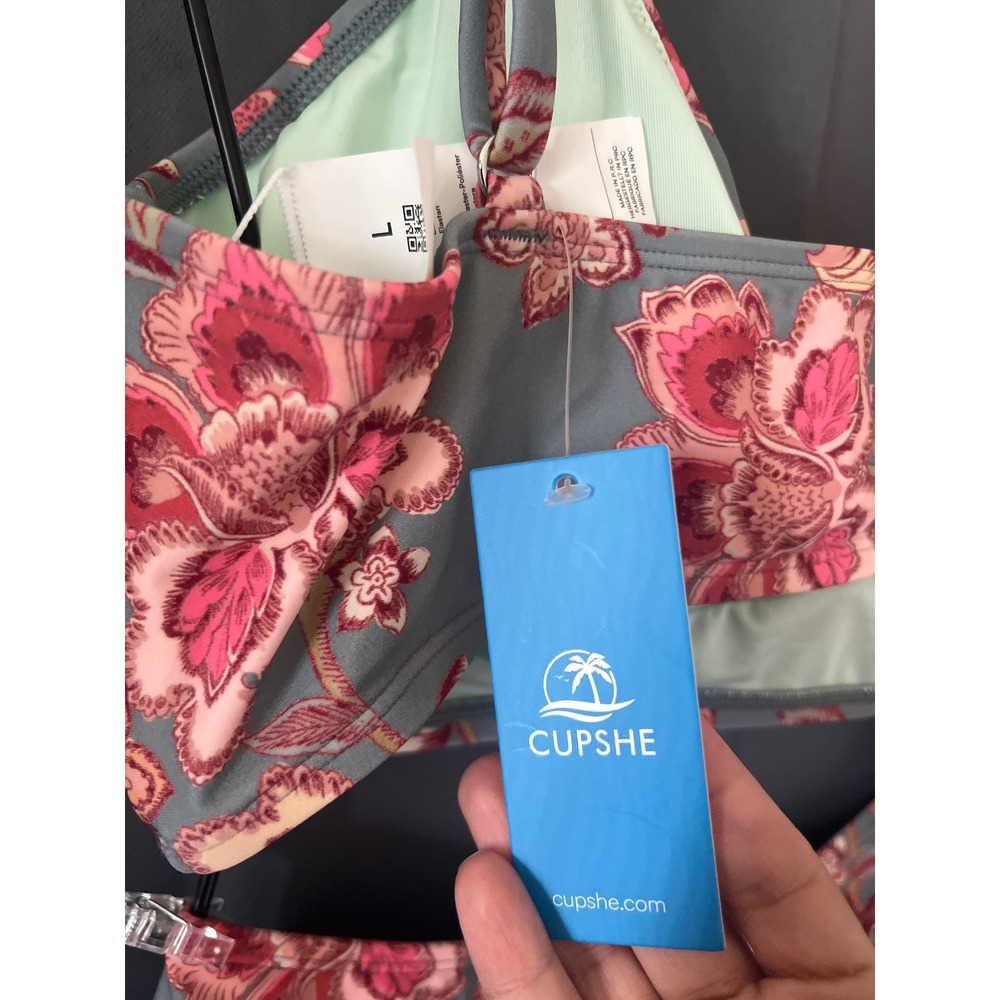 Cupshe Floral Paisley Twist Front V-Neck Bikini Set Blue Pink L - Picture 3 of 4